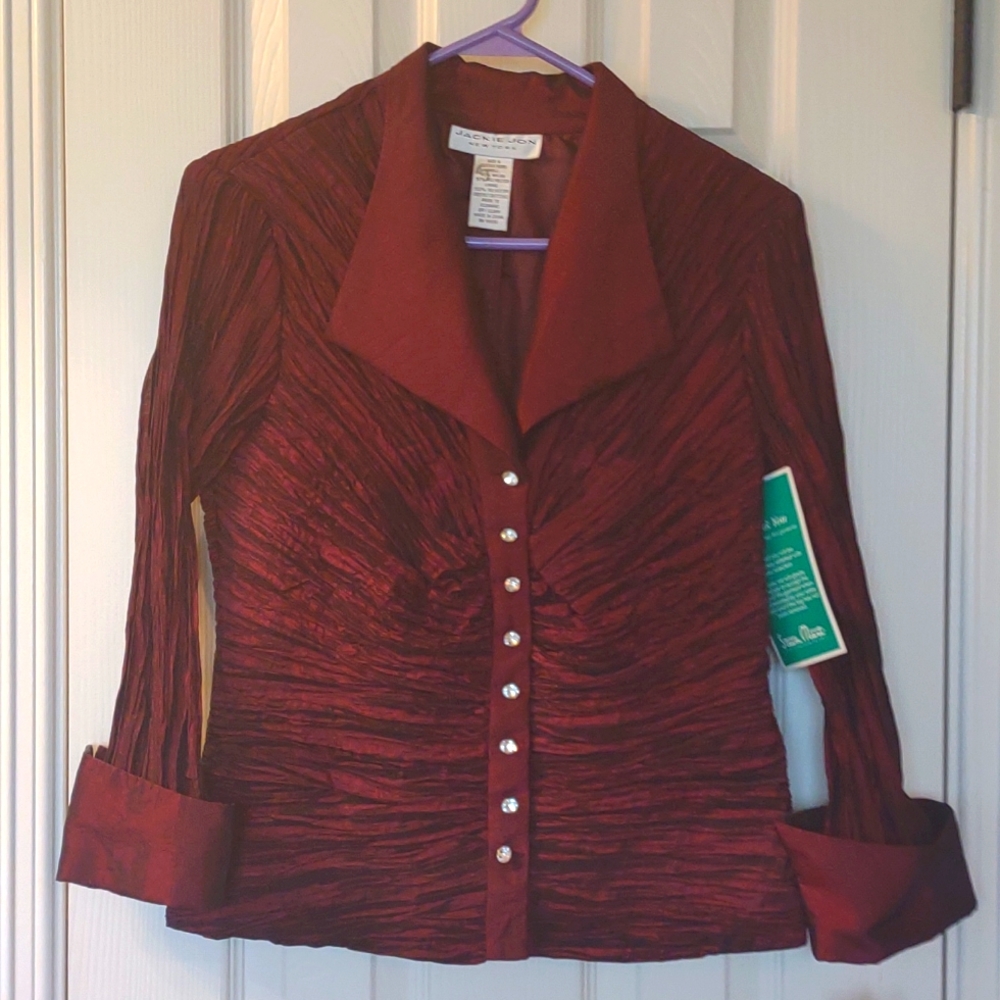 BRAND NEW with tags, Jackie Jon wine nylon polyester blend blouse size 4!